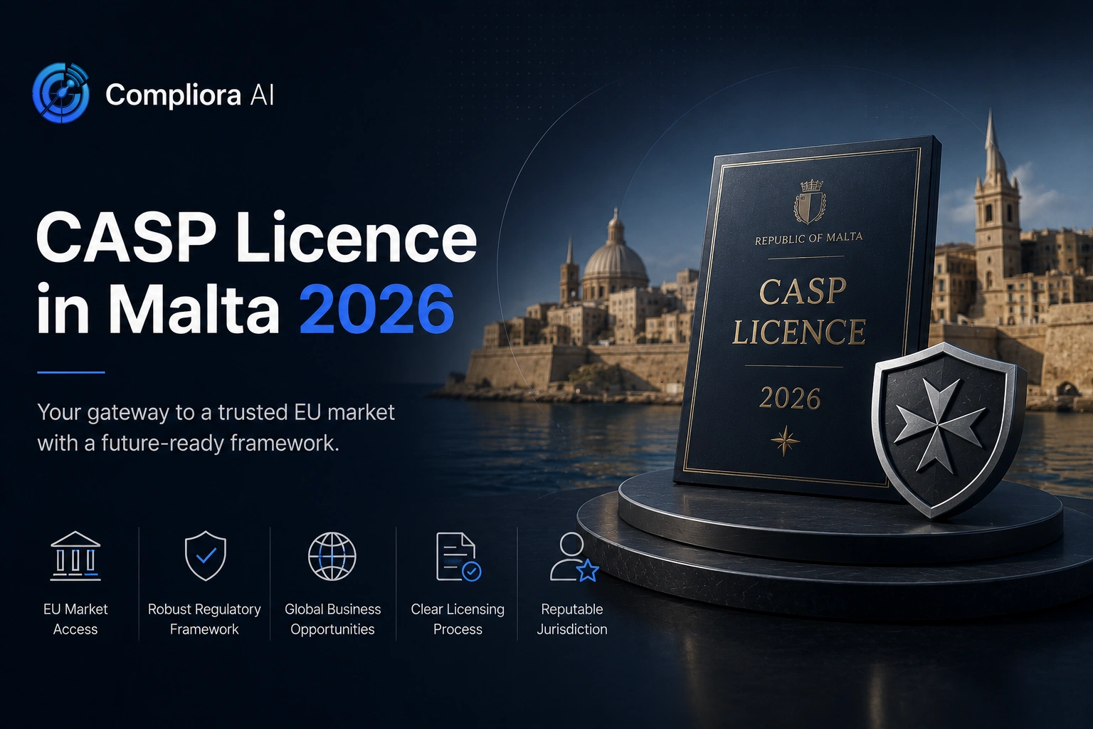 Malta island map with MiCA regulatory shield and EU passporting arc nodes on dark navy background, representing MFSA CASP authorisation