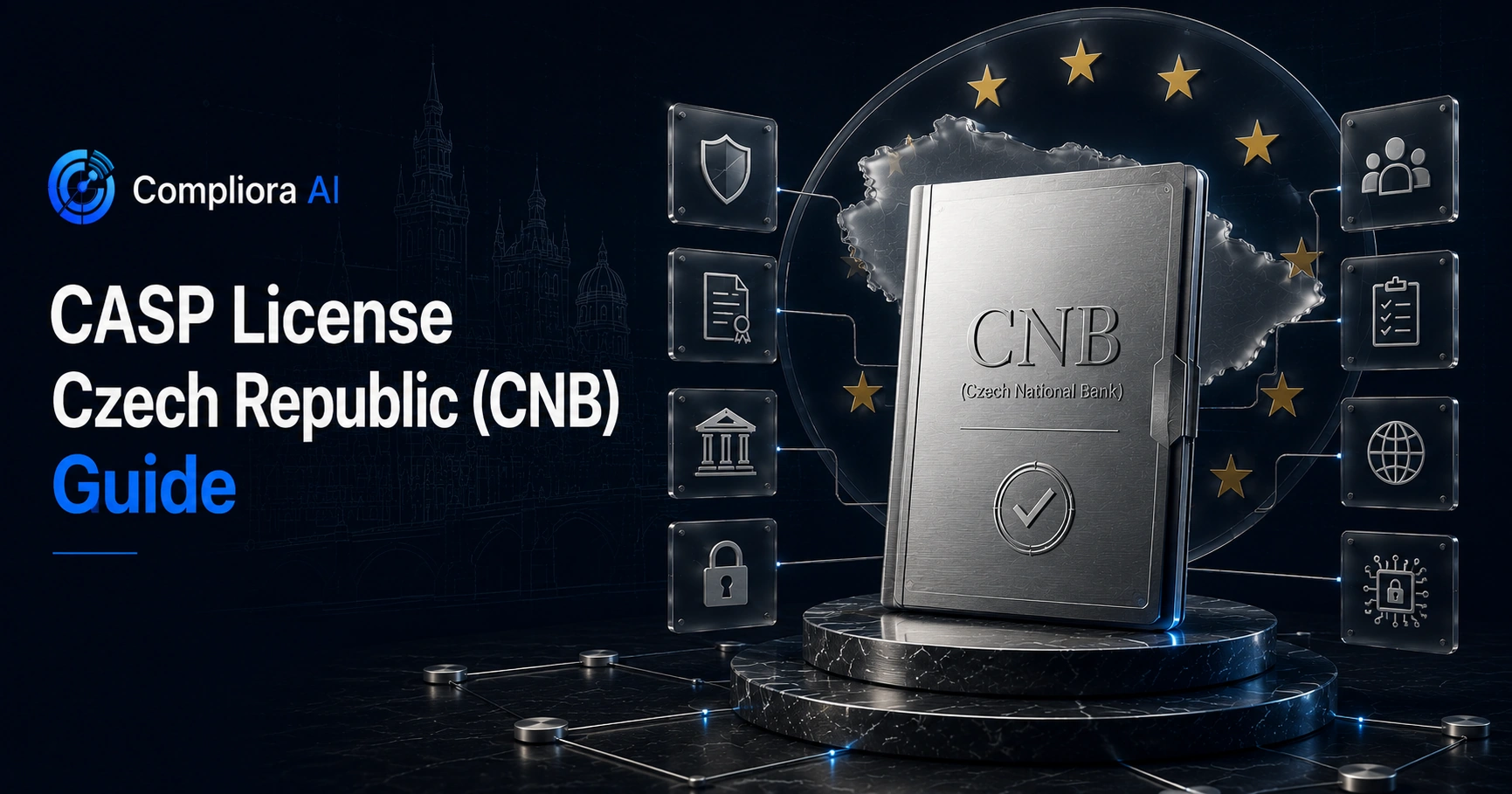 Stylised Czech National Bank building silhouette with MiCA capital tier cards showing €50,000, €125,000 and €150,000 on a navy background