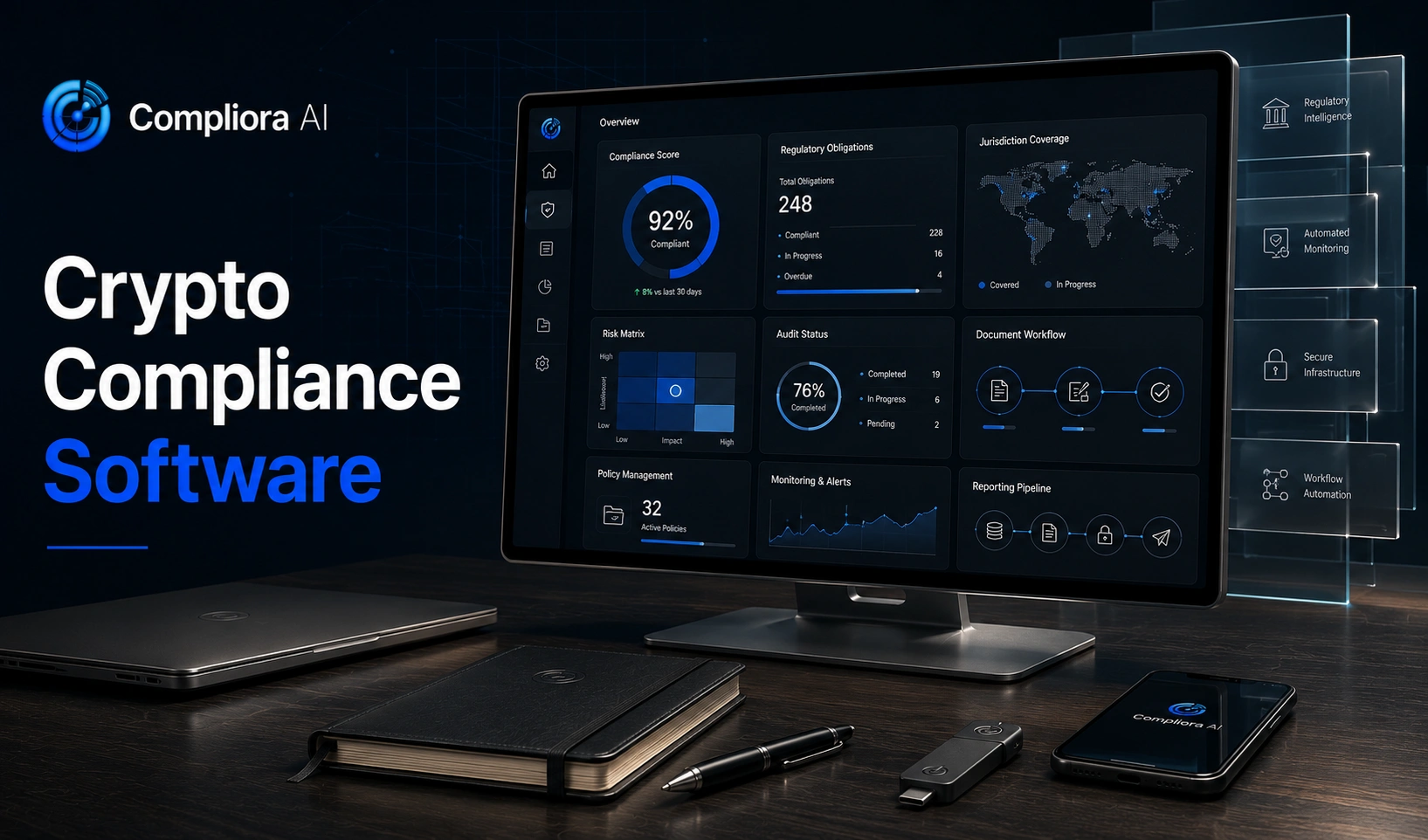 Crypto compliance software assessing a project against MiCA, MiFID II, PSD2 and AIFMD