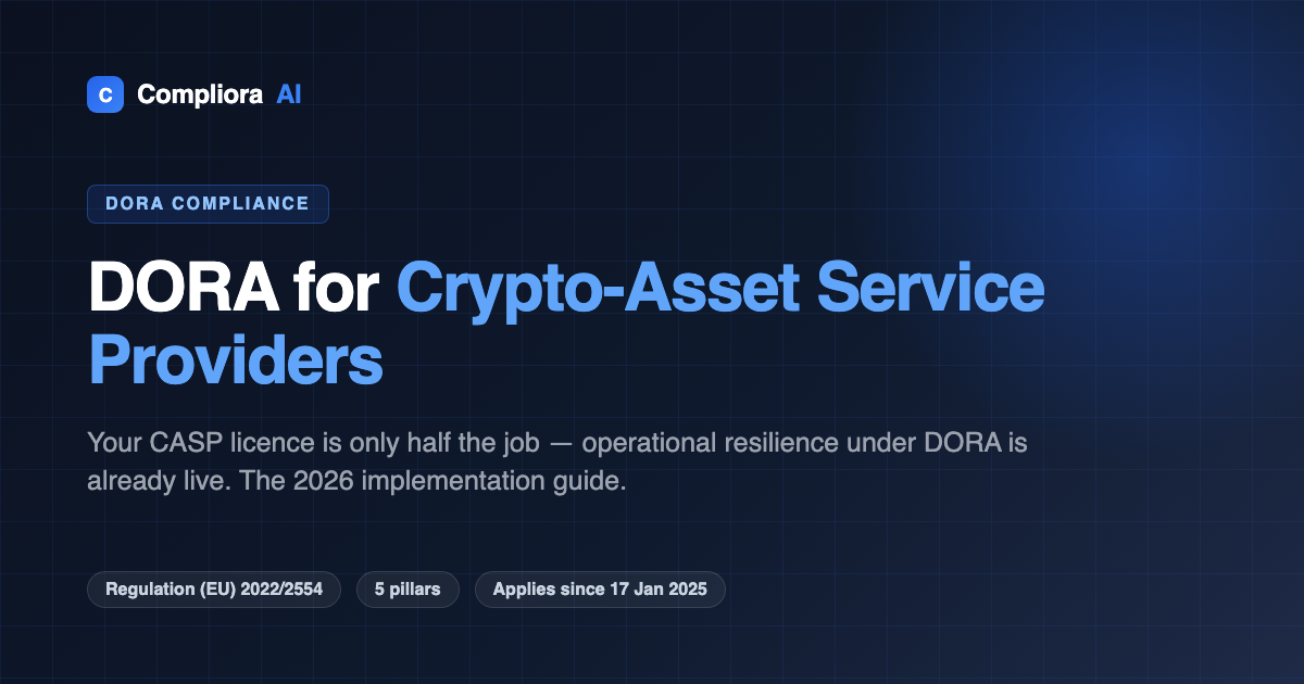 DORA compliance for crypto-asset service providers — the five pillars and key dates on a dark navy background