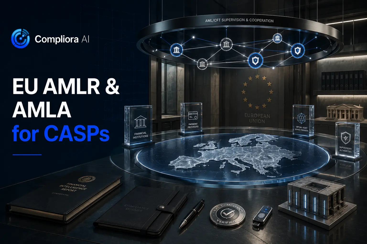 EU AMLR and AMLA supervisory framework for MiCA-authorised crypto-asset service providers, illustrated as a network of interconnected regulatory nodes on a dark navy background