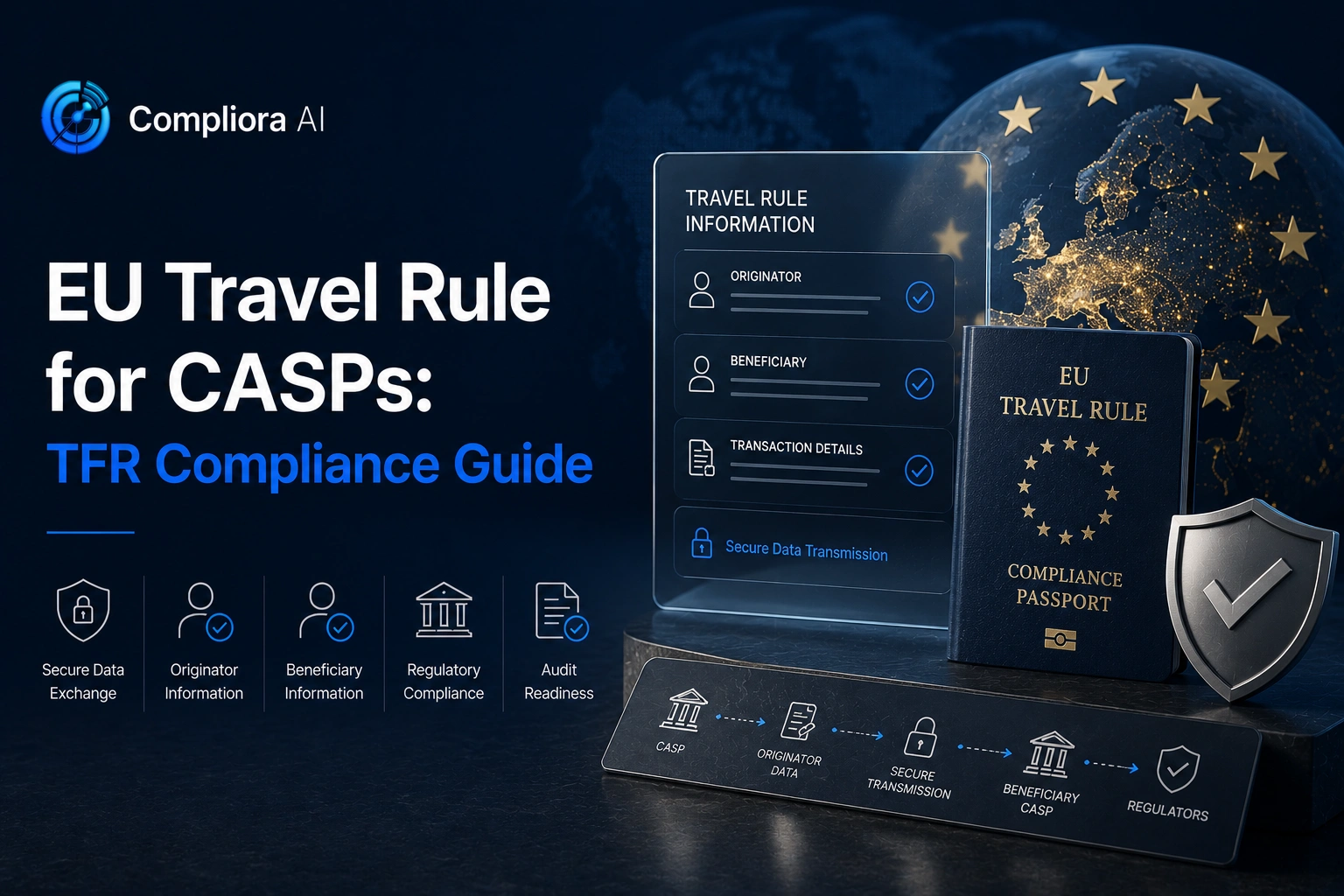 EU Travel Rule TFR compliance network diagram showing CASP-to-CASP crypto transfer data chain on navy background