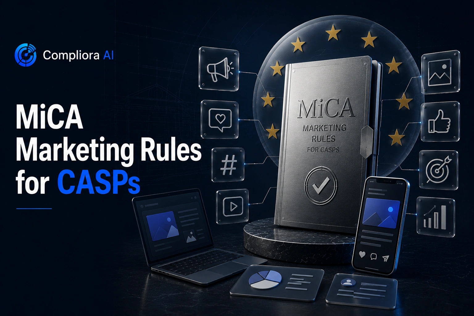 Abstract compliance illustration showing a regulatory shield, marketing communication symbol and authorisation padlock connected by geometric lines on a navy background — representing MiCA marketing rules for CASPs