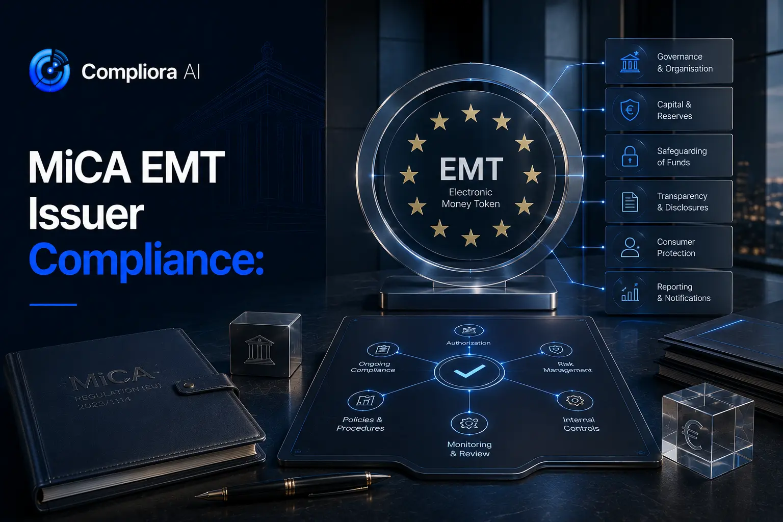 Stylised stablecoin medallion flanked by three compliance pillars — EMI licence, reserve assets and PSD2 — on a navy background with electric blue accents